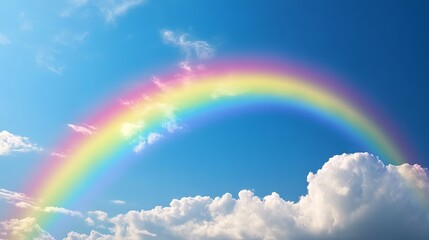 Vivid rainbow arching gracefully across a clear blue sky on a sunny day, showcasing a stunning natural phenomenon with vibrant colors and a serene atmospheric backdrop