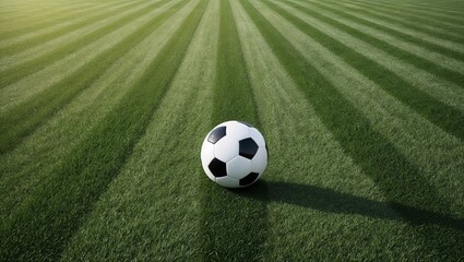 Fototapeta premium Soccer ball on striped grass field under sunlight