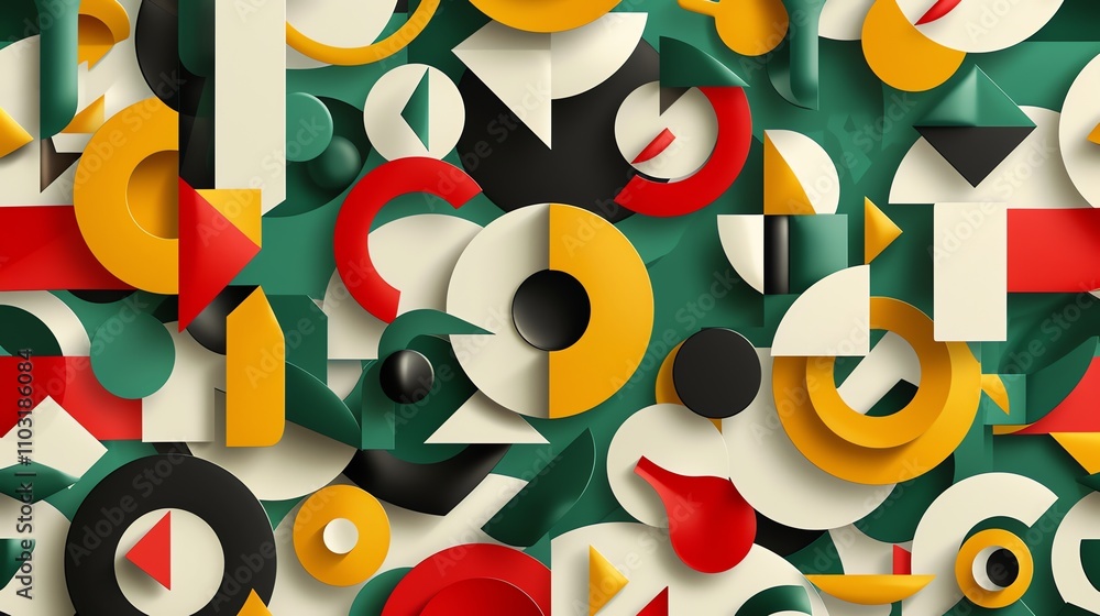 Poster abstract geometric pattern with circles, squares, and triangles in bright colors on a green backgrou
