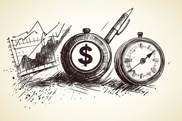 A sketched illustration of a dollar sign, compass, and graph, symbolizing finance and direction.