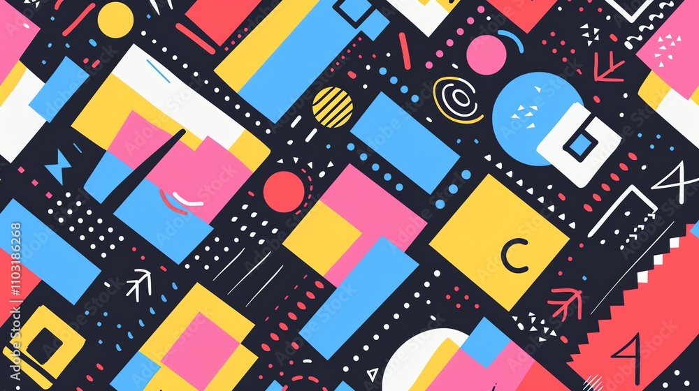 Aufkleber a colorful geometric pattern with various shapes.