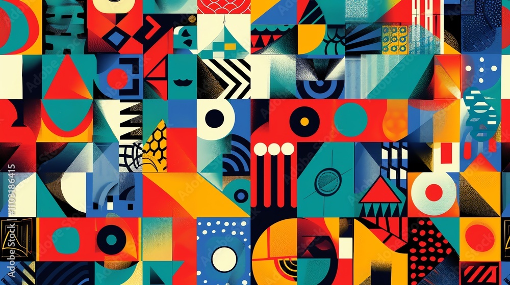 Poster a colorful geometric pattern with squares, circles, and triangles.