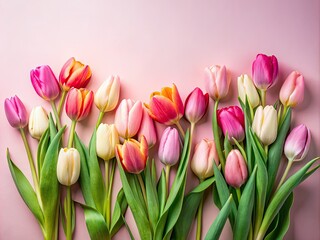 Obraz premium Spring Tulip Flowers Flat Lay on Soft Pink Background - Low Light Photography, Floral Aesthetics, Modern Decor, Nature Inspired, Spring Vibes, Elegant, Colorful Blooms, Minimalist Design