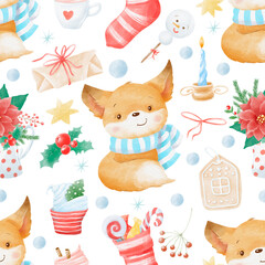 Watercolor Christmas seamless pattern winter background. Can be used for wrapping paper, textile, wallpaper, cards.