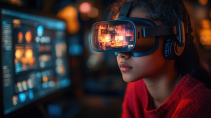 Young girl experiencing virtual reality with immersive headset, vibrant glow lighting up her face, focused on digital world while immersed in technology at home or office
