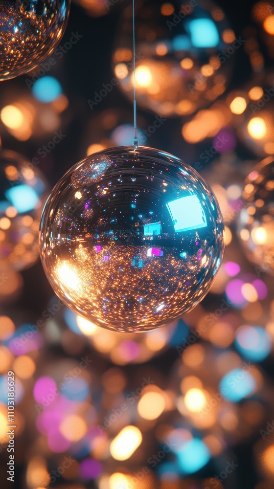 Poster a dazzling display of reflective disco balls creating a vibrant atmosphere.