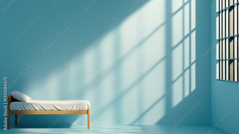 Poster a minimalistic room with a single bed and large windows casting shadows, suggesting solitude and con
