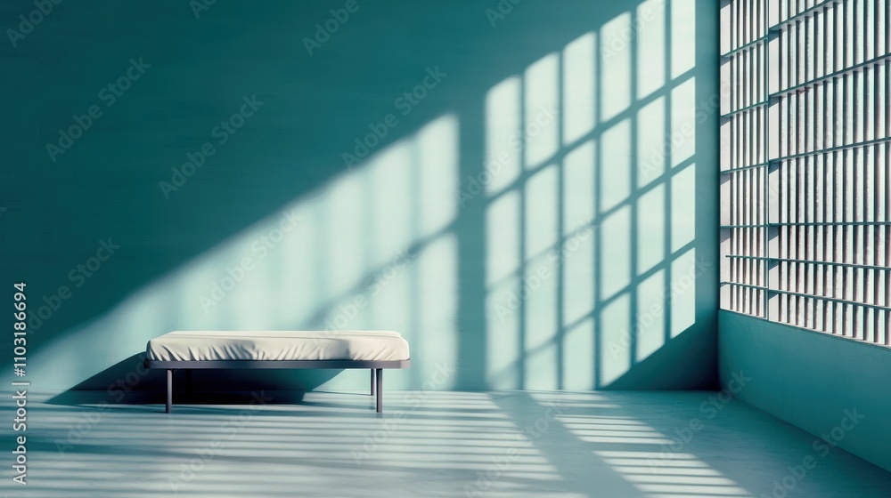 Poster a serene, minimalistic room with a bench, bathed in soft light and shadows from the grid-patterned w