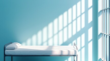 A minimalist bed in a brightly lit room casts shadows from barred windows, creating a serene yet somber atmosphere.