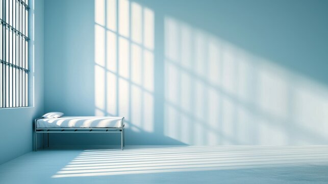 A minimalist, serene room featuring a bed, large windows with bars, and soft light casting shadows on the floor.