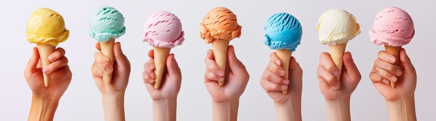 Seven hands holding different flavored ice cream cones against a white background.