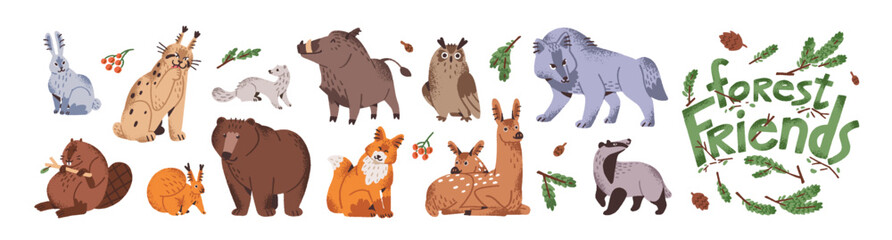 Fototapeta premium Cute forest animals set. Happy fauna of woodland nature with branches. Different wild friendly beasts- bear, deer, fox, owl, hare, squirrel. Flat isolated vector illustrations on white background