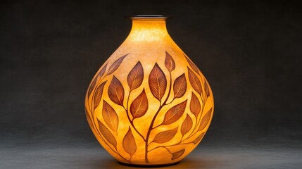 A beautifully crafted illuminated vase with leaf designs, creating a warm ambiance.