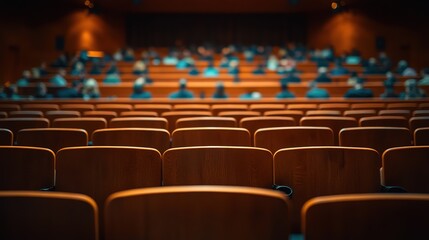Empty auditorium chairs with few people in background