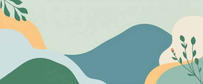  Spring-inspired background with leaves and pastel-colored hills. 