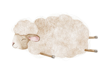 Beige sheep. Cute fluffy lamb sleeping lying down. Isolated hand drawn baby watercolor illustration. Clipart for kid's goods, invitations, postcards, poster, baby shower, children's room © Fedulova_art