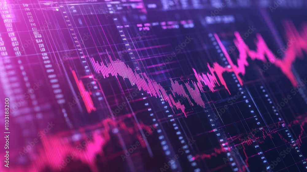 Poster abstract representation of financial data with graphs and charts in vibrant colors.