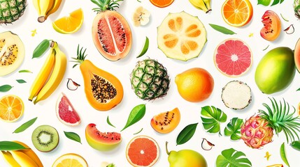 A seamless pattern of tropical fruits.