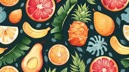 A seamless pattern of tropical fruits and leaves on a dark blue background.