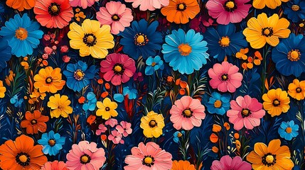 A vibrant floral pattern featuring an array of colorful flowers against a dark blue background, creating a lively and cheerful atmosphere.