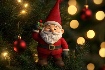 Obraz premium A festive Santa Claus figurine holding a gift, surrounded by Christmas tree decorations and soft glowing lights.