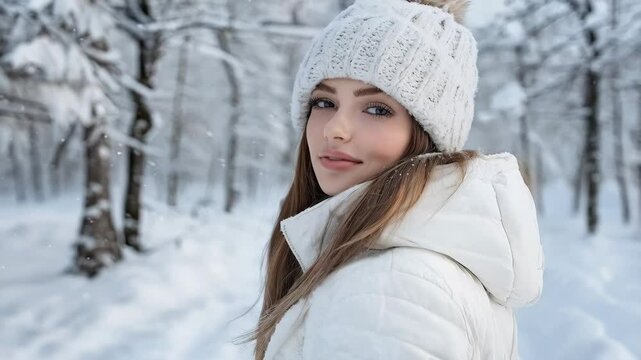 young beautiful woman over snowy forest background with copy space