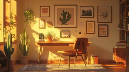 Sunlit Home Office Illustration: Desk, Chair, Plants, and Artwork in Warm Light