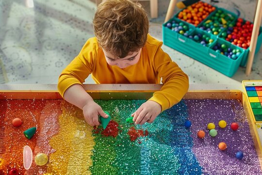 Child playing with rainbow-colored glitter and beads in a sensory tray. Generative AI