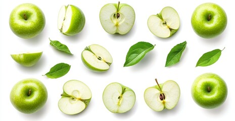 Green apples sliced in half, whole, and with a single slice with leaves isolated on white background.