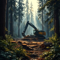 Harvester slices through a verdant forest, a scenic view.