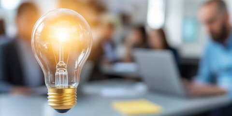 A glowing light bulb in the foreground, with blurred-out business people working on laptops behind it, innovation and creativity within an office environment.
