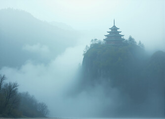 Japanese pagoda emerging from misty mountain in japan