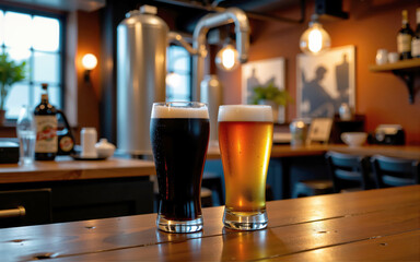Two glasses of beer resting on wooden bar counter in microbrewery