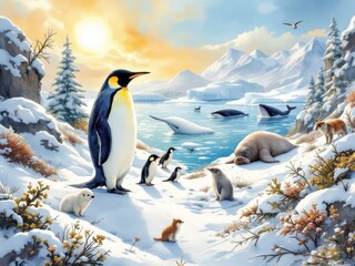 Fototapeta premium Hand-painted king penguin, Arctic & Antarctic wildlife watercolor.