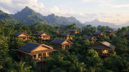 Eco-friendly housing development emphasizing environmental consideration in lush tropical mountains nature photography perspective