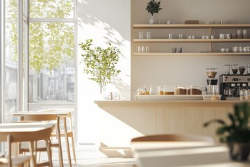 Minimalist cafe interior with wooden furniture, large window, and coffee equipment.