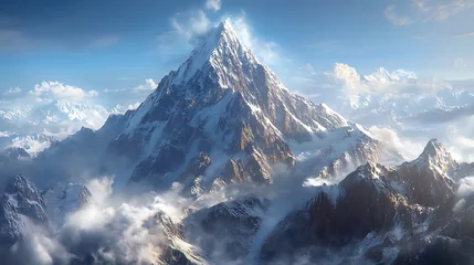 Majestic K2 mountain peak surrounded by clouds and snow capped ranges, showcasing breathtaking natural beauty and grandeur in serene landscape