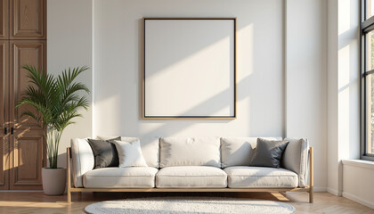 A square blank picture frame mockup hangs above a white sofa with gray and white cushions. A potted houseplant sits next to the sofa, and a round rug is placed on the wooden floor. 
