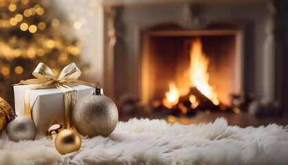 A realistic and luxury Christmas scene in western house with gift box and Christmas balls on White fluffy fur rug 