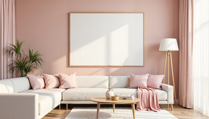 A horizontal blank picture frame mockup hangs above a white sectional sofa with pink cushions and a pink throw blanket. A houseplant, coffee table, and floor lamp complete the scene.