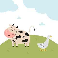 Obraz premium Childish illustration with farm animals