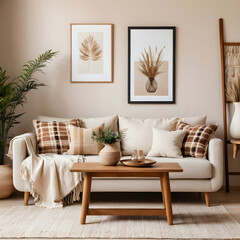 Living room with beige sofa, pillows, and throw blanket