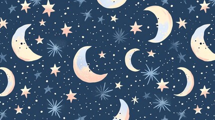 A seamless pattern of crescent moons and stars on a dark blue background.