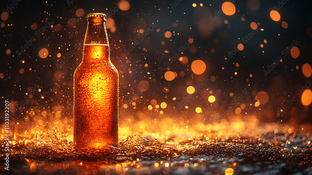 Poster macro shot of sparkling beer bottle surrounded by droplets and bokeh lights, creating vibrant and re
