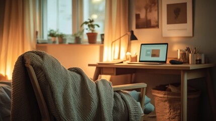 Cozy Home Office Evening Ambiance Illustration: Laptop, Wooden Desk, Knit Blanket