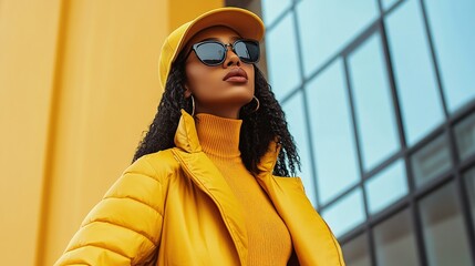 Young woman in bold fashion outfit, confident and poised