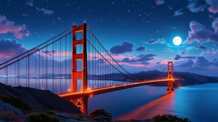 Naklejka premium Golden Gate Bridge night view, San Francisco, a recreation area.