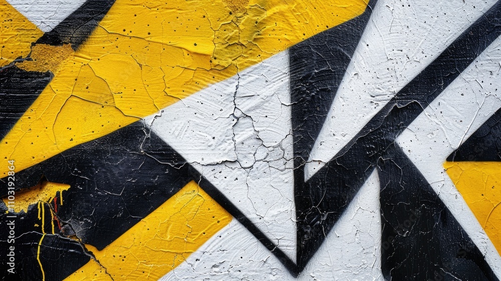 Poster graffiti of a triangle with a black and yellow line. the triangle is on a wall with a white backgrou