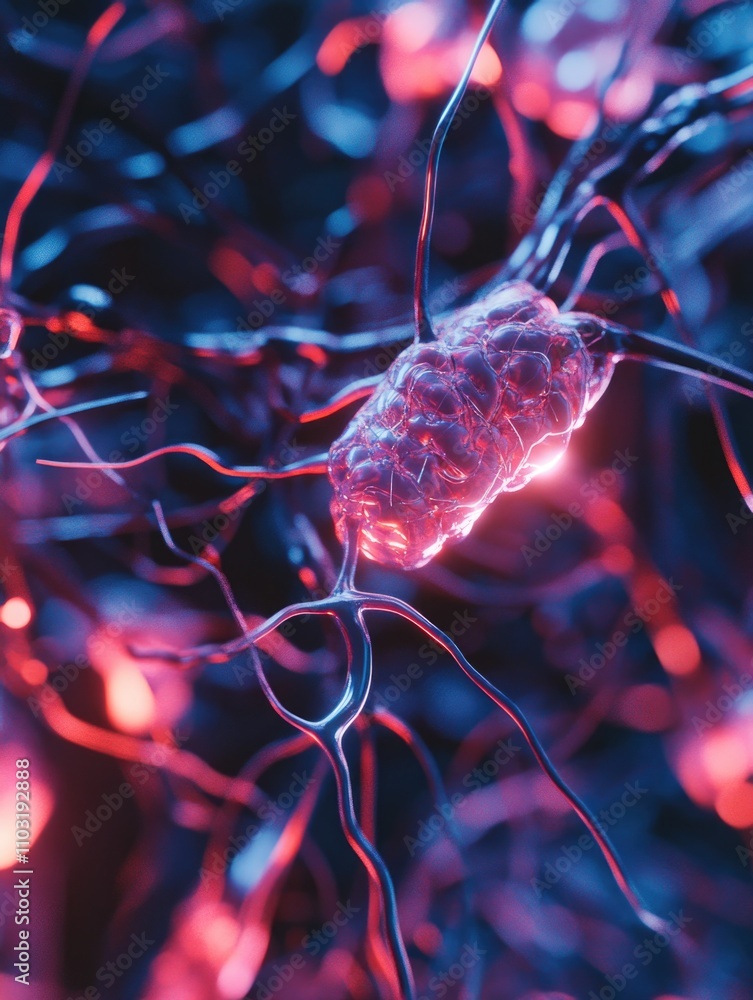 Aufkleber close up of a red and blue blob with a lot of wires coming out of it. the blob is glowing and looks 