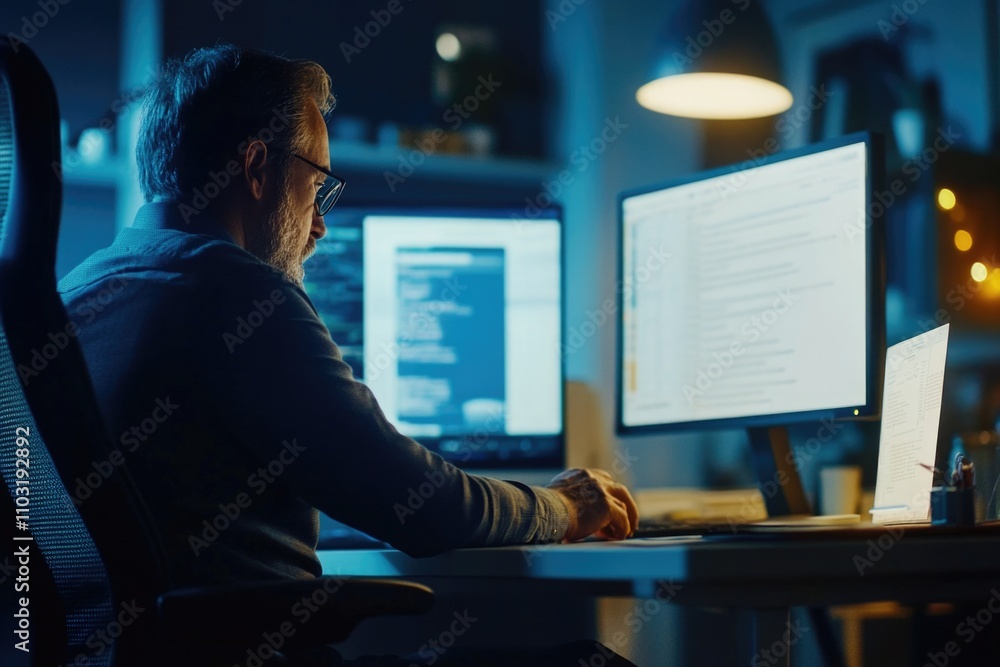 Aufkleber man is sitting at a desk with two computer monitors in front of him. he is wearing glasses and he is